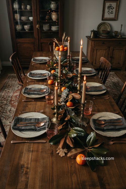 Magnolia leaves and copper Thanksgiving tablescape with candlelight rustic wood and moody fall decor 