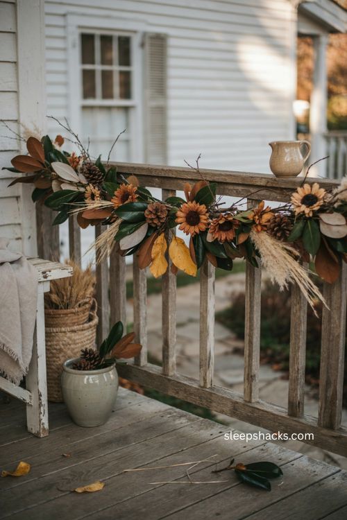 Magnolia pine cone and wooden sunflower fall thanksgiving garland for a rustic porch 