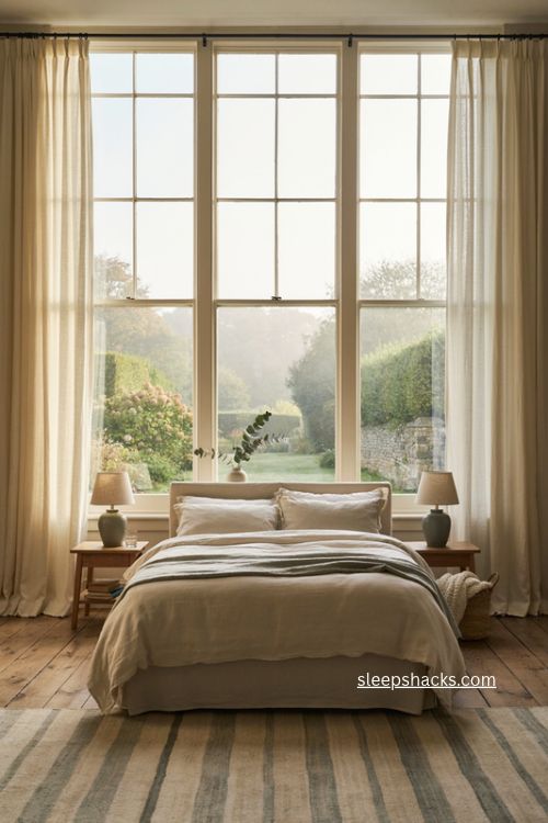 Main bedroom bed placement ideas for beautiful window views 