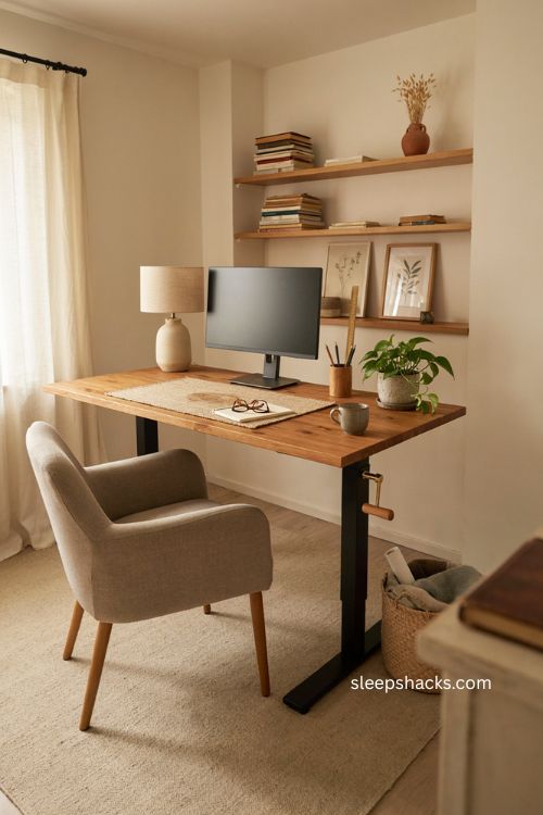Manual standing desk with hand crank and warm wood home office 