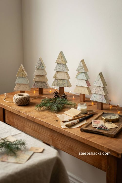 Map wrapped wood block christmas trees with vintage atlas paper and rustic decor 