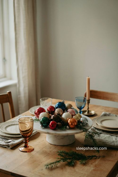 Marble dish filled with vintage ornaments Christmas centerpiece 