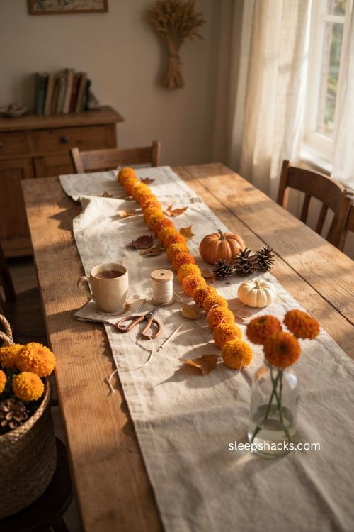 Marigold flower garland on a cozy autumn table with handmade fall decor and warm seasonal colors 
