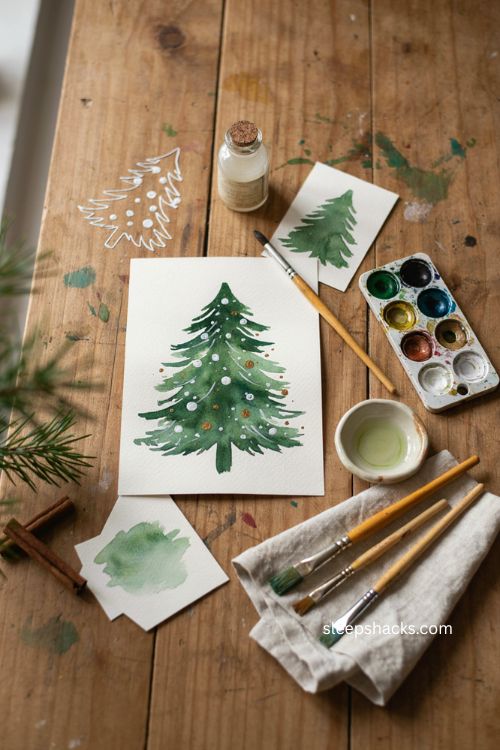 Masked pine tree watercolor Christmas card with metallic accents 