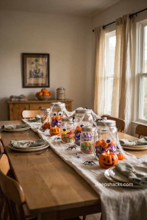 Mason jar halloween centerpiece with googly eyes spiders cobwebs and candy 