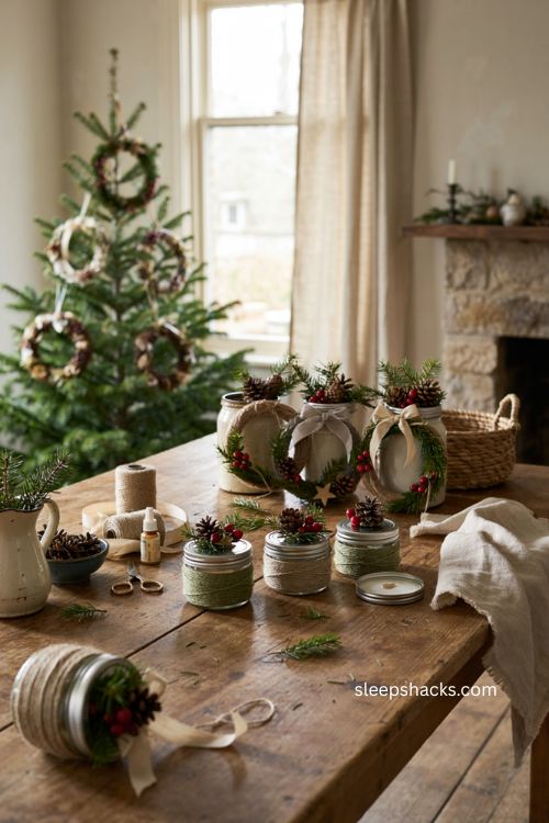 Mason jar lid wreath Christmas ornaments with green twine and rustic holiday decor