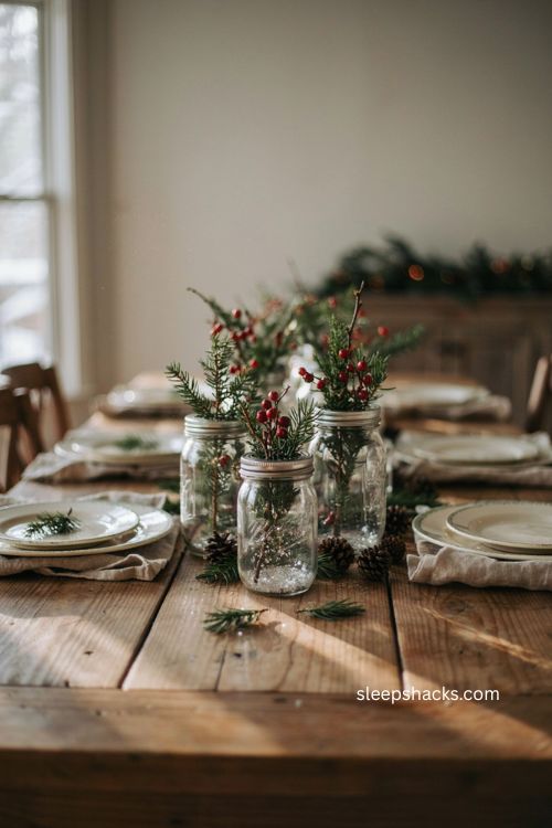 Mason jar snow globe Christmas table centerpiece with greenery 