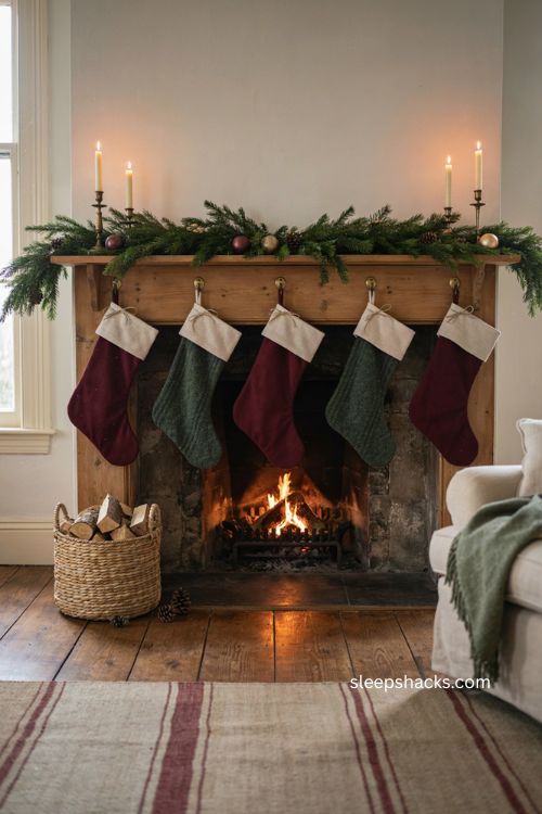 Matching Christmas stockings on a cozy fireplace mantel with evergreen garland