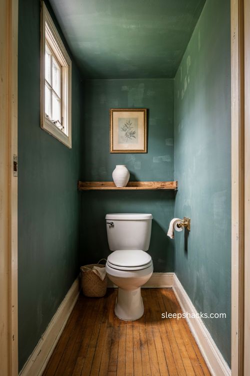 Matching ceiling water closet with deep sage green monochromatic walls