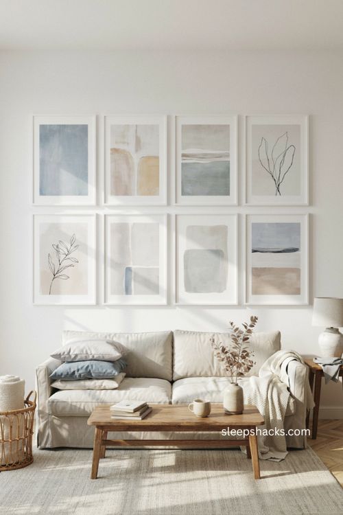 Matching frames living room wall decor ideas with calm gallery wall styling 
