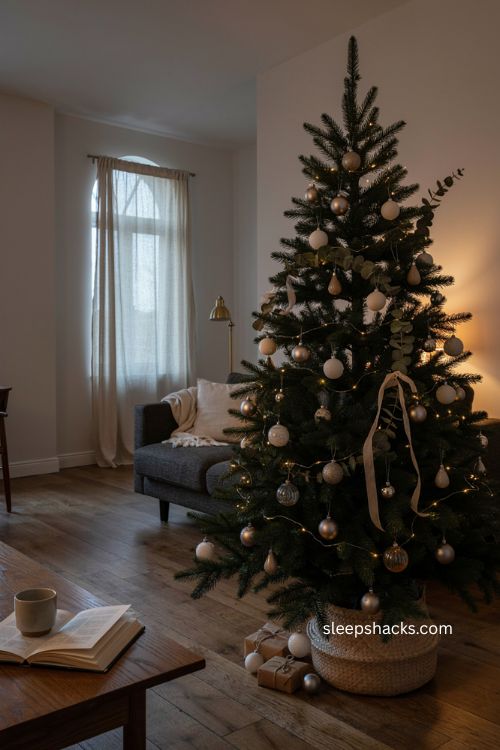 Matte black Christmas tree ideas with metallic ornaments