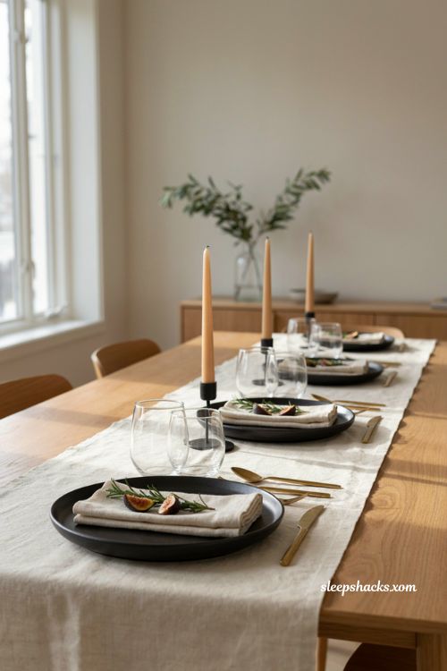Matte black and gold Thanksgiving table setting with linen runner and rosemary
