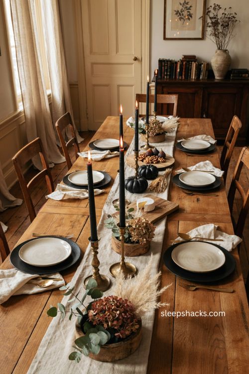 Matte black chargers with cream plates and gold flatware for Thanksgiving table 