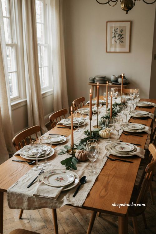 Matte black flatware Thanksgiving table with traditional dinnerware woven napkins and greenery
