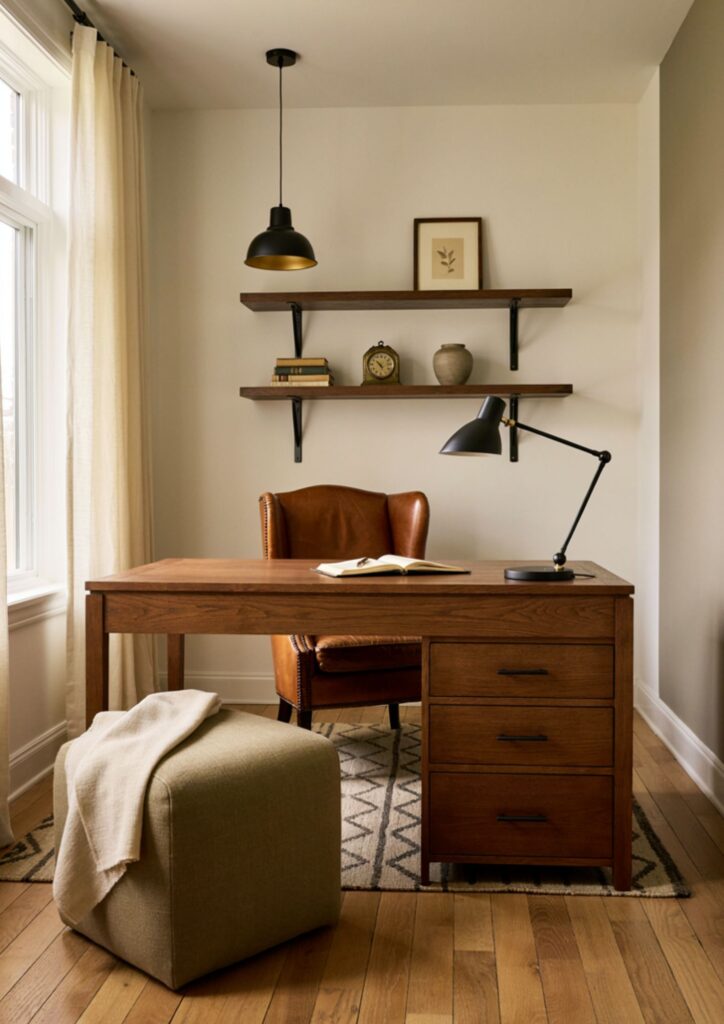Matte black hardware accents throughout a refined mens home office 