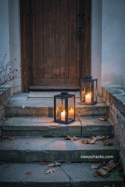 Matte black lanterns with candles lining front steps for minimalist Halloween decor