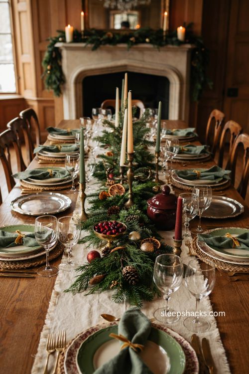 Maximalist Christmas table decor with layered place settings and mixed metals 