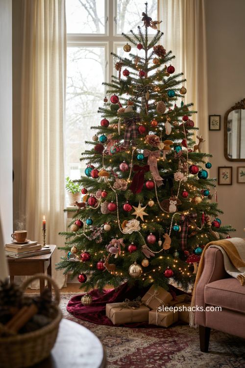 Maximalist Christmas tree with colorful ornaments layered ribbons vintage textures and eclectic decor 