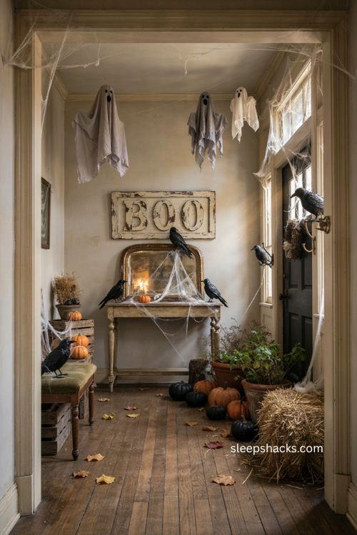 Maximalist Halloween entryway with cobwebs ghosts crows hay bales and pumpkins 