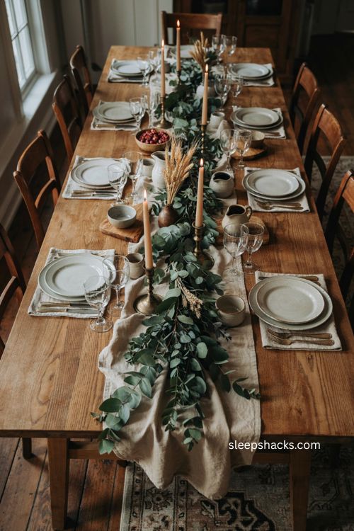 Maximalist Thanksgiving table with eucalyptus greenery centerpiece 