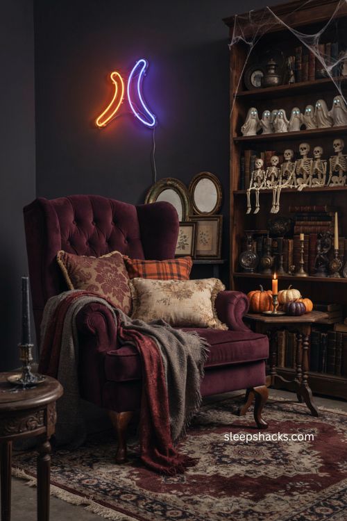 Maximalist haunted den with neon lights glowing eyed figures layered pillows and vintage Halloween decor