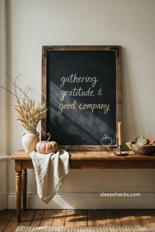 Meaningful Thanksgiving gratitude chalkboard with farmhouse entryway decor and autumn accents 