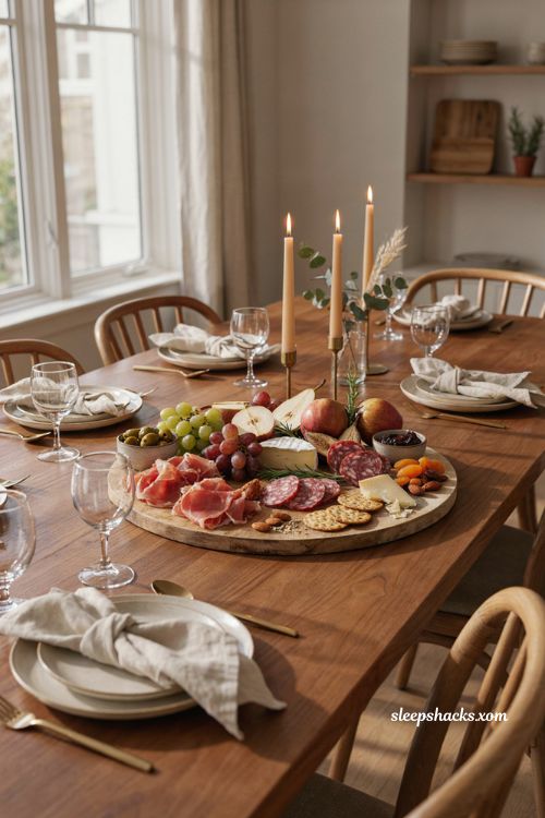 Meat and cheese board Thanksgiving table with cured meats cheese fruit crackers almonds and rosemary
