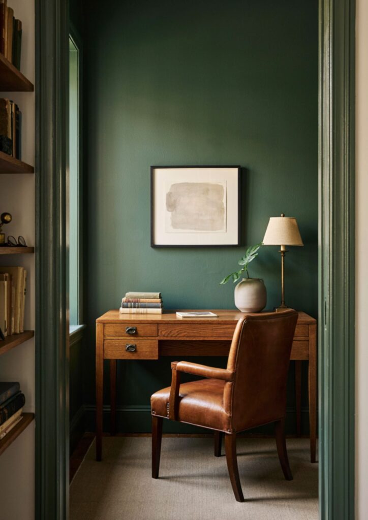 Mens office with deep hunter green walls rich walnut wood and brass accents