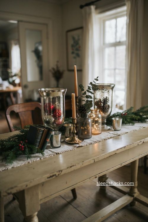 Mercury glass and apothecary jar Christmas sideboard decor with vintage charm