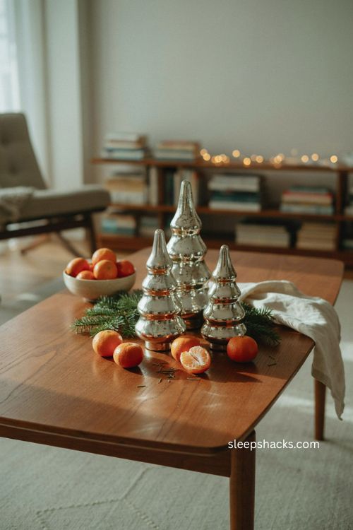 Mercury glass christmas trees with clementines and greenery 