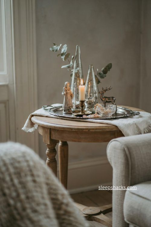 Mercury glass vintage christmas end table decor with mirrored tray and candle 