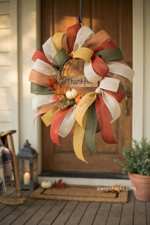 Mesh ribbon Thanksgiving wreath hanger with pumpkins leaves and textured farmhouse porch decor 