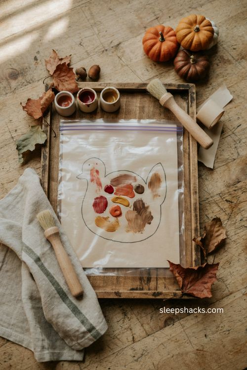 Mess free turkey painting in a bag for baby's first Thanksgiving 