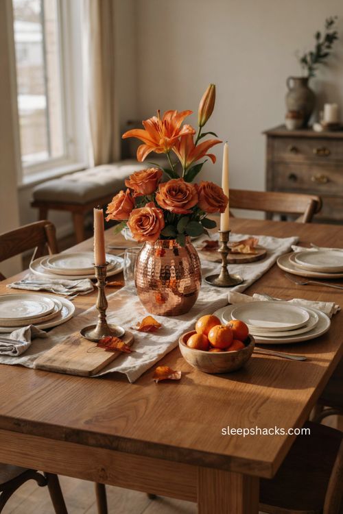 Metallic Thanksgiving floral centerpiece with orange roses lilies copper vase and brass candle holders 