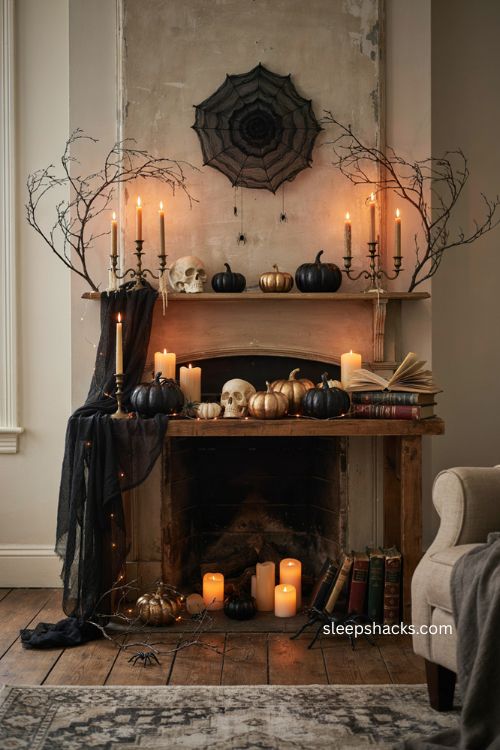 Metallic black white and gold Halloween pumpkins and skulls on fireplace mantel