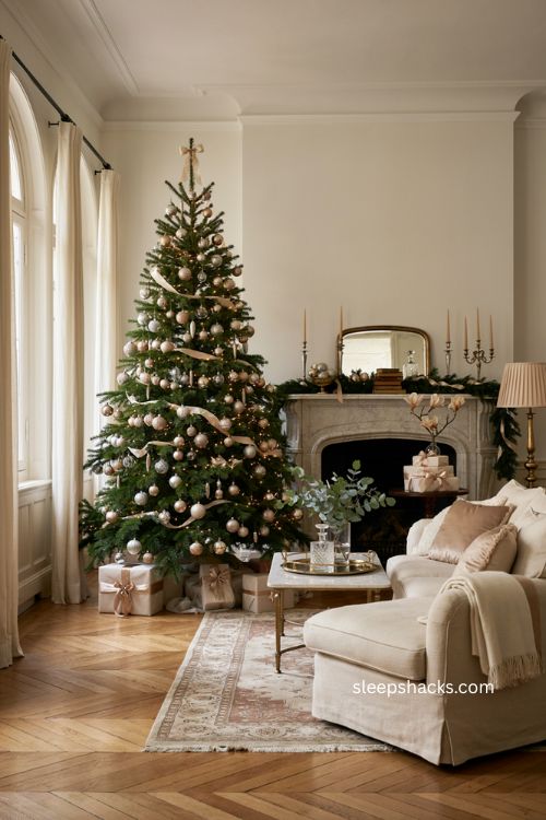 Metallic glam Christmas decor ideas with champagne gold and silver