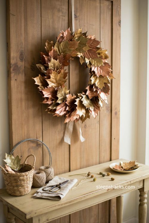 Metallic leaf wreath Thanksgiving door decor with gold copper and bronze autumn leaves 