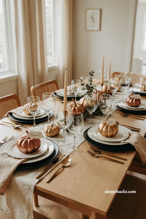 Metallic mini pumpkin Thanksgiving place cards with gold bronze accents and navy dinnerware
