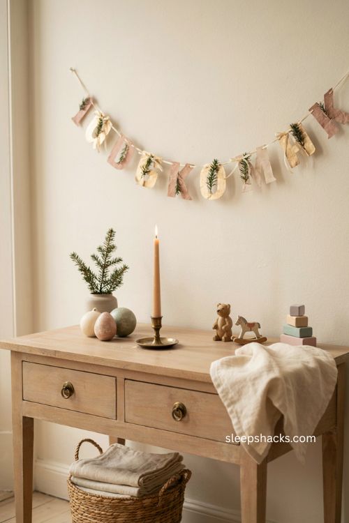 Metallic paper Christmas garland for a soft festive nursery