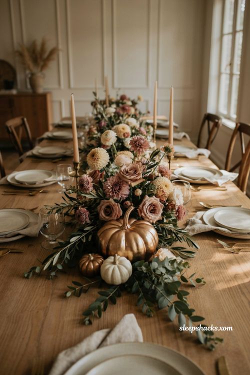 Metallic pumpkin Thanksgiving centerpiece with lush flowers and white mini pumpkins 
