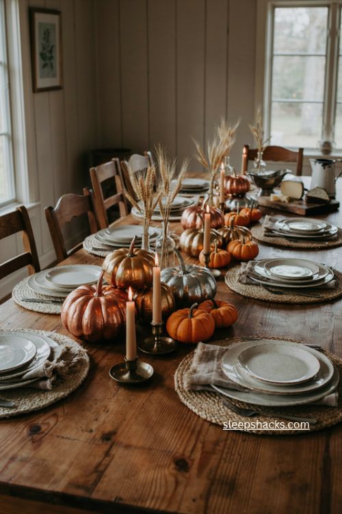 Metallic pumpkins mixed with orange pumpkins for Thanksgiving table 