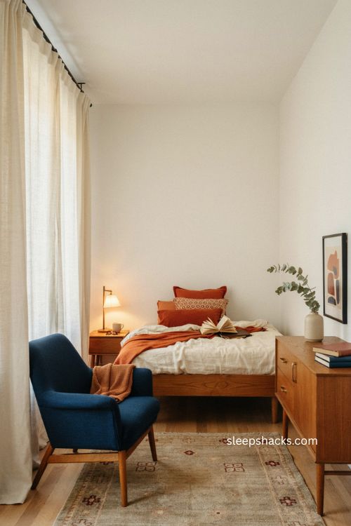 Mid century bedroom with burnt orange bedding blue chair and walnut furniture 