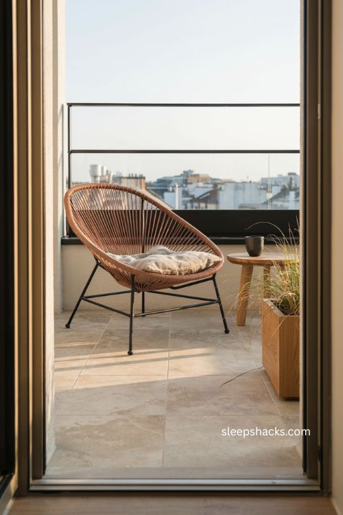 Midcentury chair modern balcony ideas with a sculptural woven lounge chair