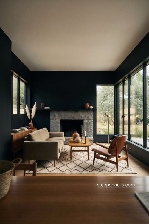 Midcentury modern black living room with dark walls white ceiling large windows and sculptural chair 