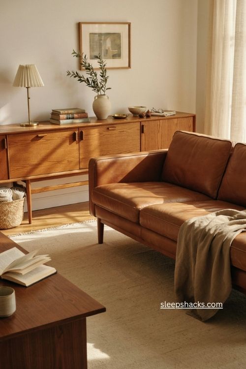 Midcentury modern furniture with warm wood and brass accents in a vintage living room 