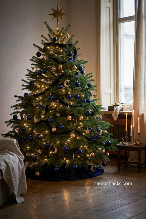 Midnight blue and gold celestial Christmas tree with navy velvet ribbon