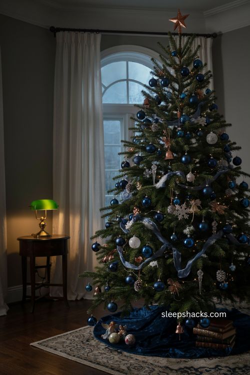 Midnight blue moody Christmas tree with silver ornaments
