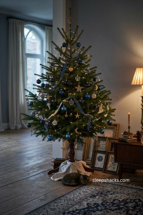 Midnight blue whimsigoth christmas tree with antique gold stars clear glass and warm lights