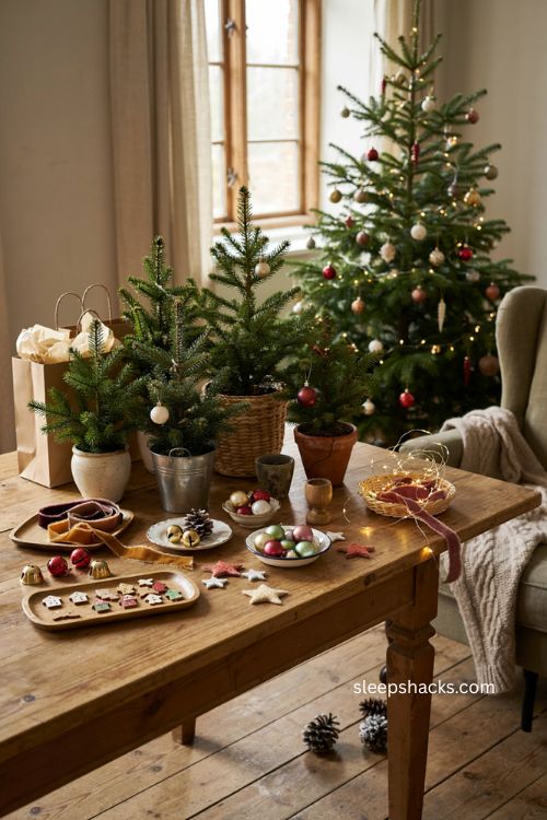 Mini Christmas tree decorating station with tiny ornaments 