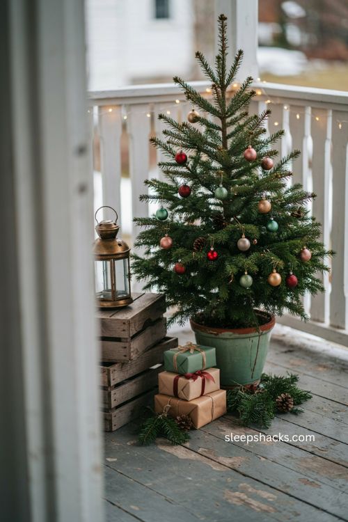 Mini Christmas tree vignette ideas for a small front porch